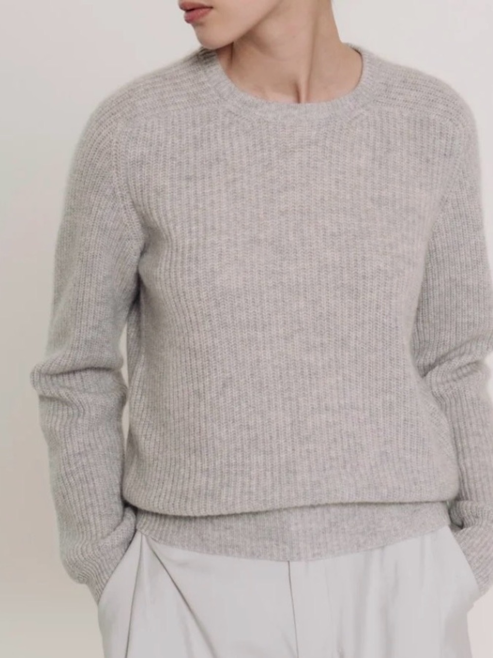 MADELEINE THOMPSON Heather Light Gray Ribbed Crewneck Sweater